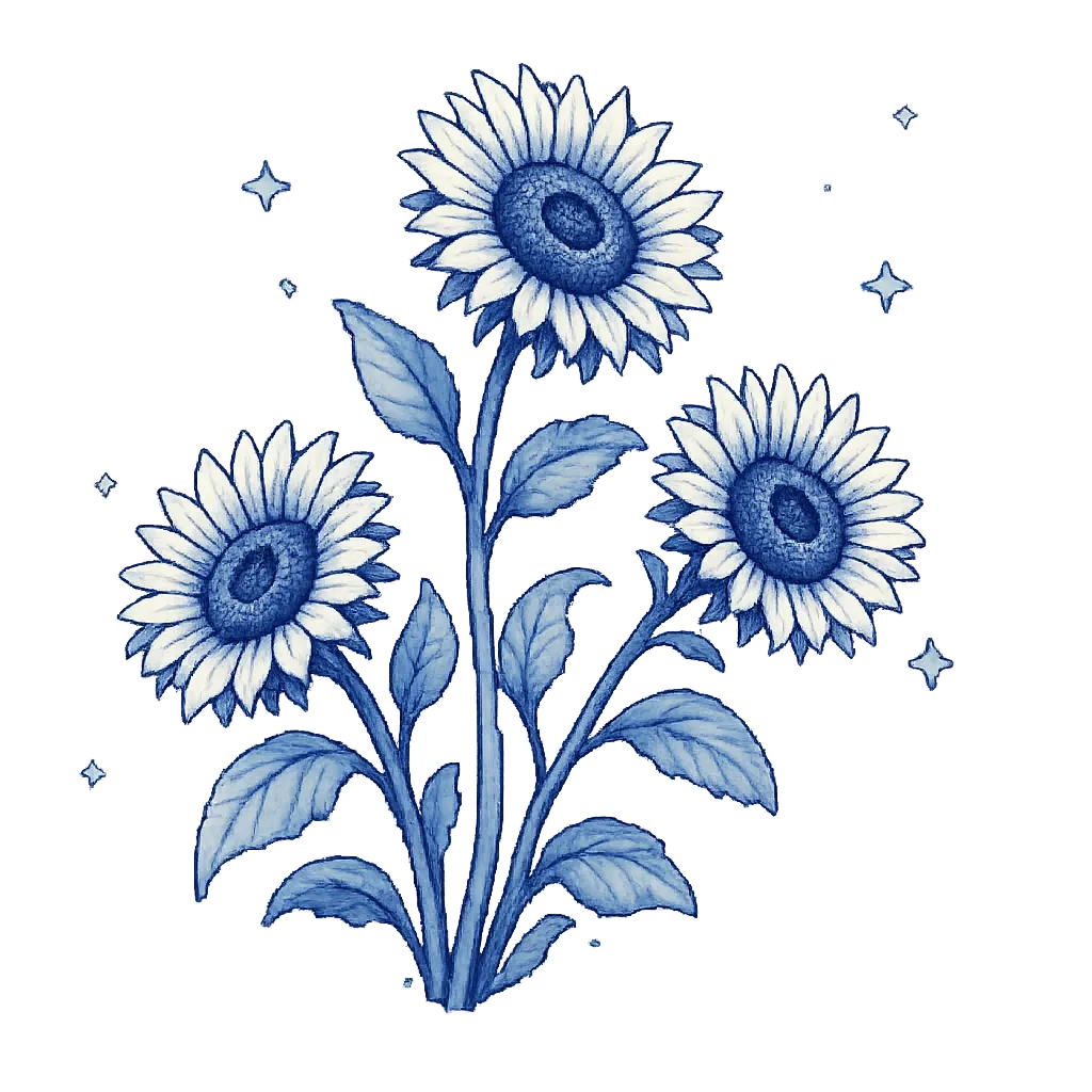 Pixel-art illustration of three blue sunflowers